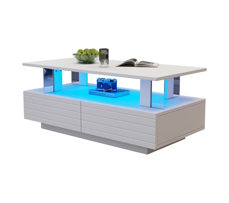 Table Basse LED Blanche 100x50x42 Cm Avec 2 Tiroirs Et Étagère Ouverte (app/télécommande)