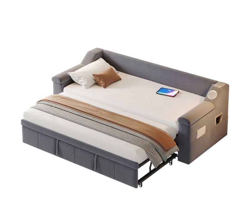 Lit Enfant Gigogne 90x190 Cm Convertible En 180x190, Velours Gris, Ports USB Et Sommier à Lattes