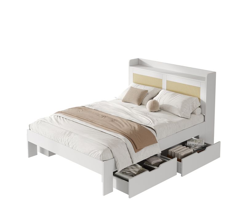 Lit Adulte 140x200 Cm Blanc Avec 4 Tiroirs Et Étagère Intégrée, Sommier à Lattes