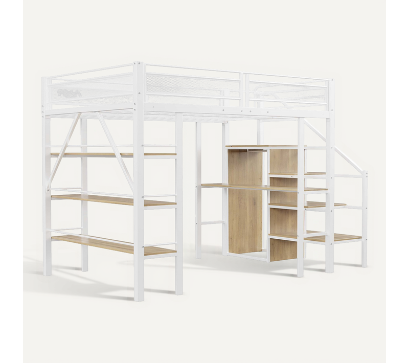 Lit Mezzanine 140x200 Cm Avec Bureau, Étagères Et Armoire, Métal Blanc