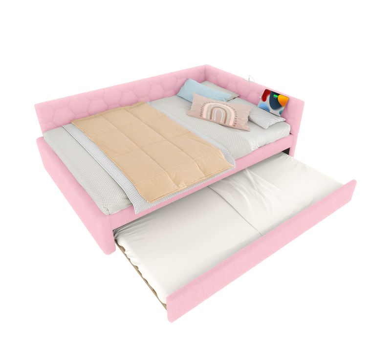 Lit 140x200 Cm Avec Lit Gigogne Tissu Bouclé Rose Avec Lampe De Chevet Et Ports USB/type-c