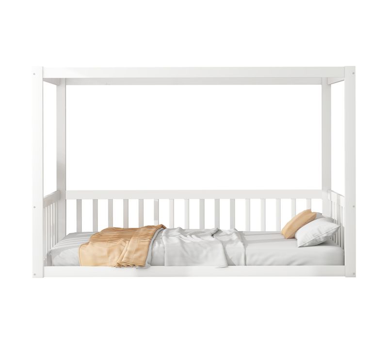 Lit Enfant 90x200 Cm Cadre à Baldaquin Bois Blanc Au Sol, Barrières De Sécurité