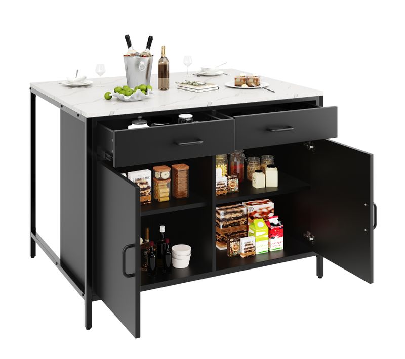 Îlot De Cuisine Noir Et Blanc, Desserte Avec Table à Manger, 2 Tiroirs Et 2 Portes