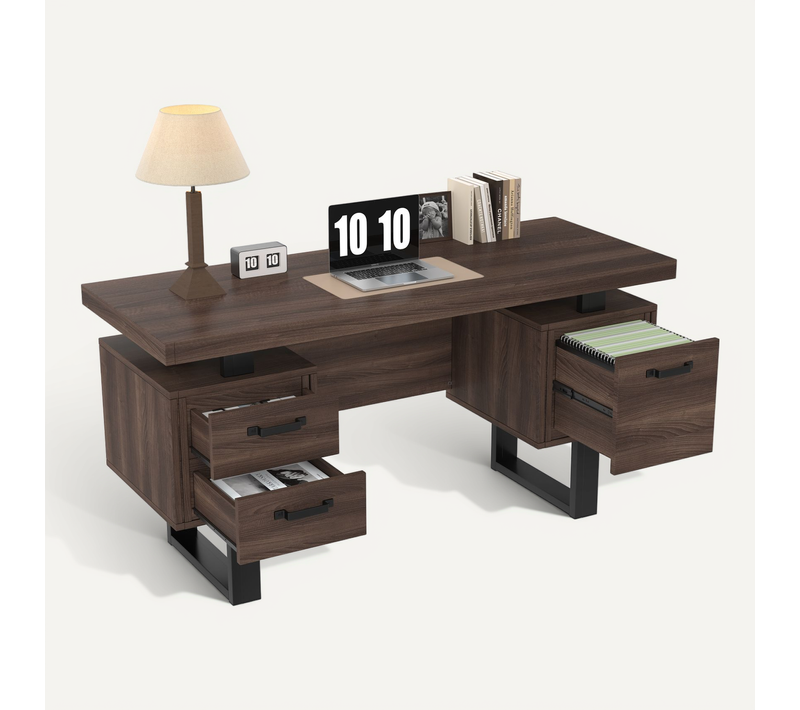 Bureau Bois Foncé 135 X 54 Cm En Mdf Et Métal, 3 Tiroirs, Rangement Pour Classeurs