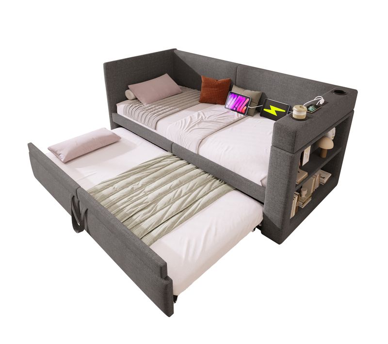 Lit Gigogne Enfant 90/180x200 Cm Lin Et Coton Gris Avec Ports USB/type-c, Étagères Et Porte-goblet