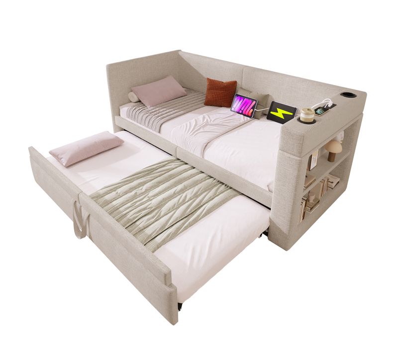 Lit Gigogne Enfant 90/180x200 Cm Lin Et Coton Beige Avec Ports USB/type-c, Étagères Et Porte-goblet