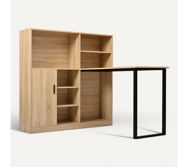 Bureau Avec Armoire De Rangements, Finition Bois Naturel Et Piétement Métal