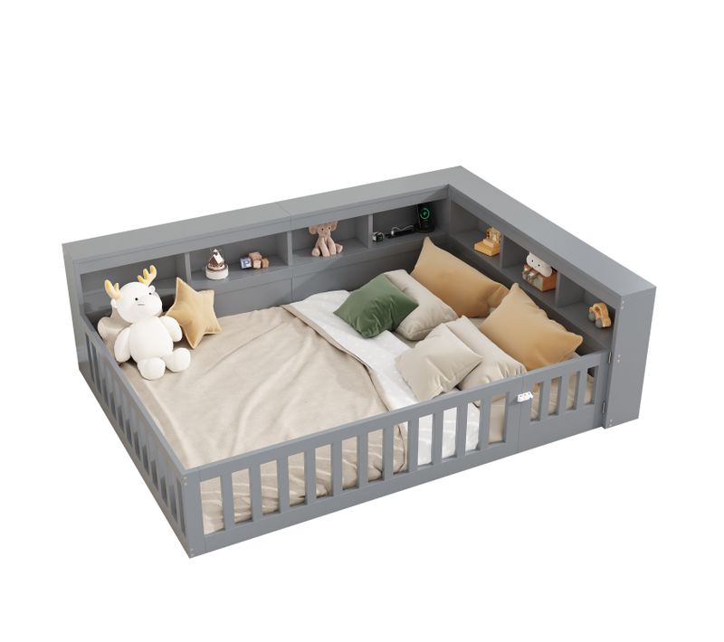 Lit Enfant 140x200 Cm Au Sol Avec Ports USB Et Prise, Sommier à Lattes, Bois Gris