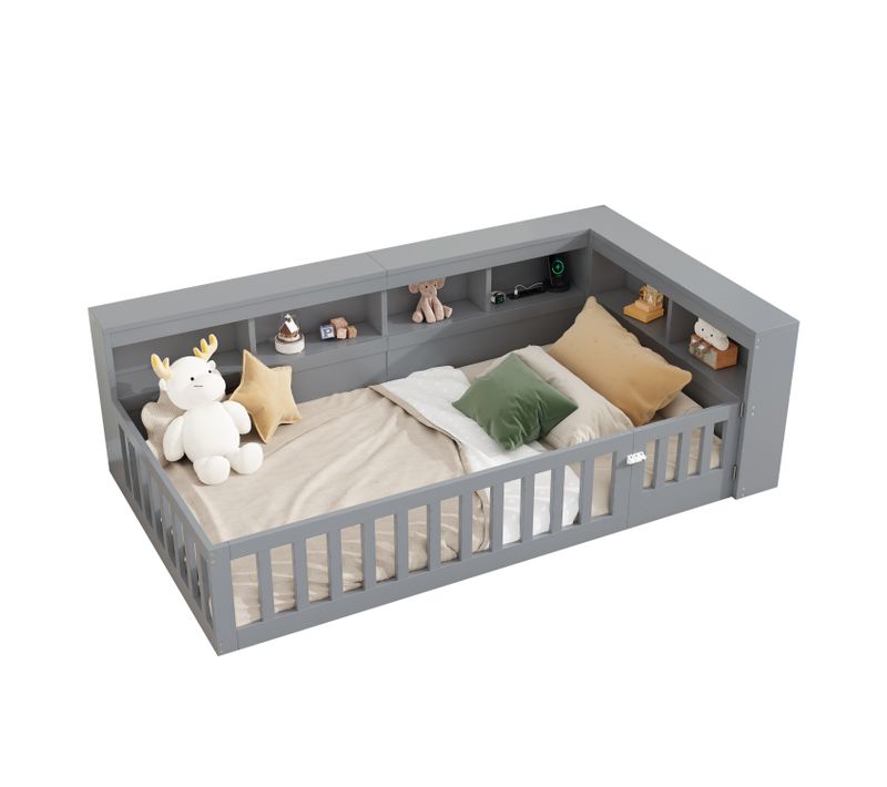 Lit Enfant 90x200 Cm Au Sol Avec Ports USB, Prises Et Rangements, Bois Gris