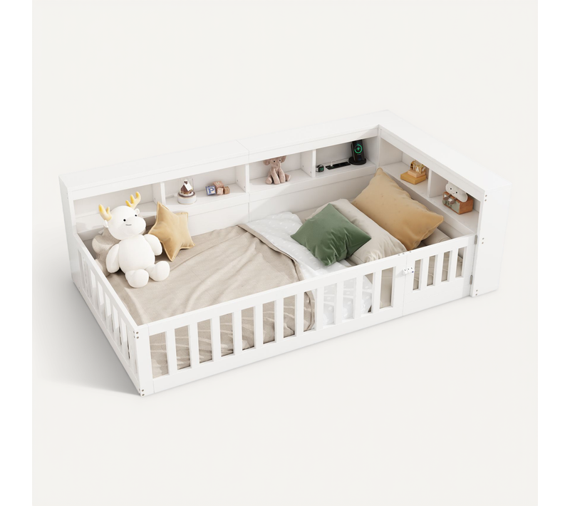 Lit Enfant 90x200 Cm Au Sol Avec Ports USB, Prises Et Rangements, Bois Blanc