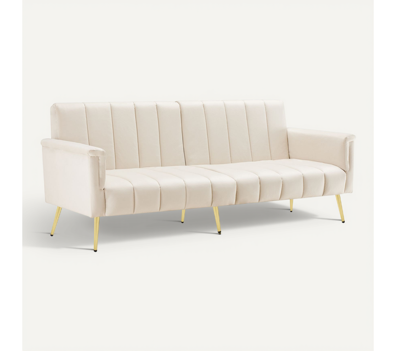 Canapé Convertible 2 Places 183x76 Cm En Velours Beige, Dossier Réglable, Pieds Métal