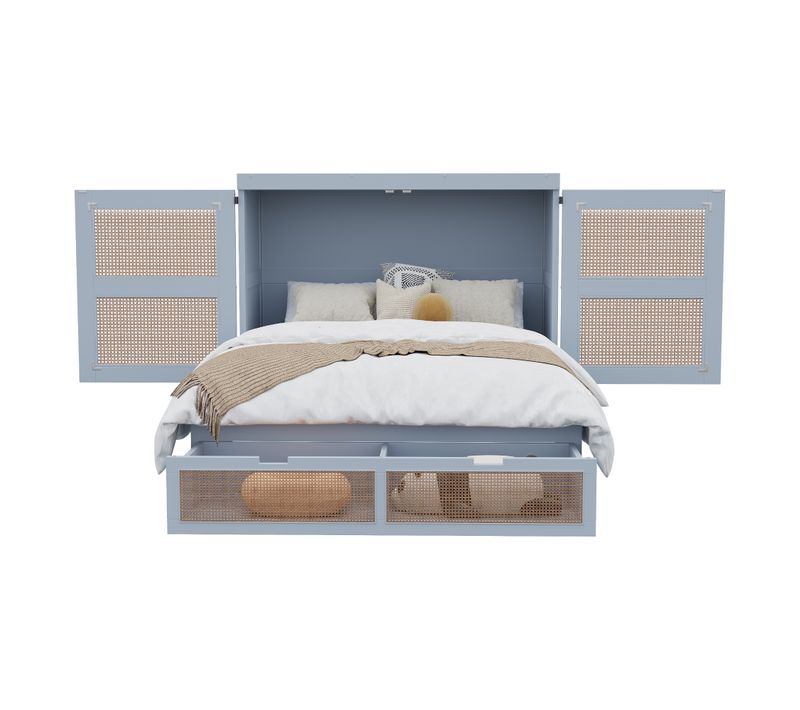 Lit Adulte Escamotable 140x200 Cm Bois Gris Avec Sommier à Lattes Et Tiroirs