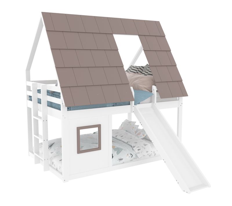 Lit Superposé Cabane 140x200 En Bois De Pin, Avec Toit, Échelle Et Toboggan, Blanc Et Brun