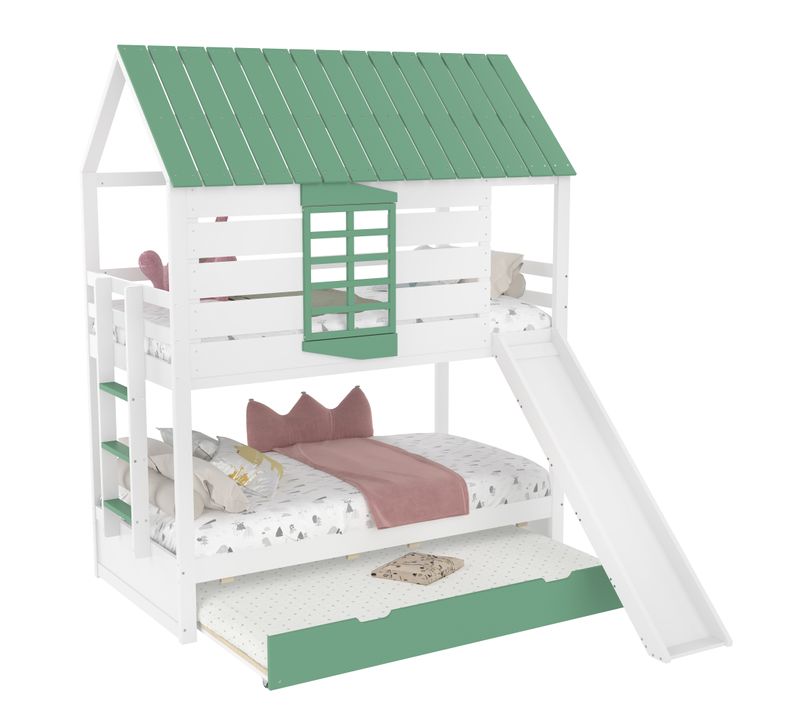 Lit Superposé Cabane 90x200 Cm Avec Lit Enfant Gigogne 90x190 Cm Avec Toboggan, Pin Blanc Et Vert