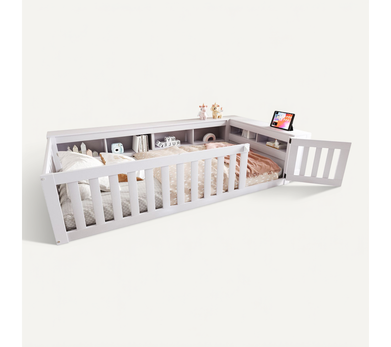 Lit Enfant 90x200 Cm, Lit Bas Au Sol Avec Rangements, Portes De Sécurité, Pin Blanc