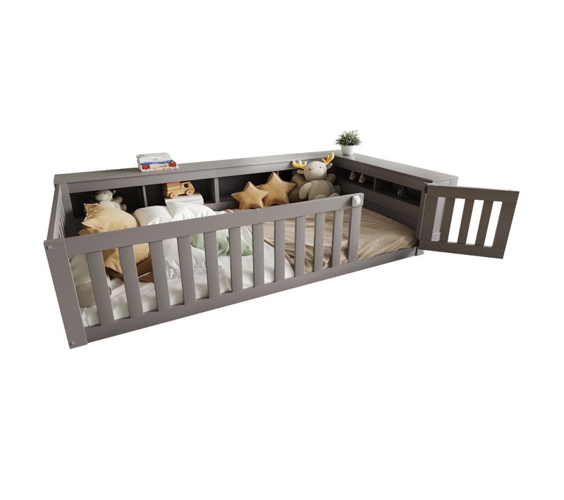 Lit Enfant 90x200 Cm, Lit Bas Au Sol Avec Rangements, Portes De Sécurité, Pin Gris