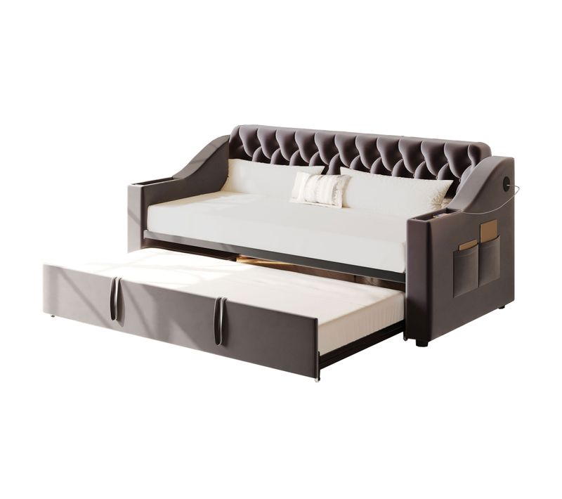 Lit Enfant Gigogne 90x190 Cm Extensible 180x190 Cm Velours Gris Foncé Avec Sommier à Lattes