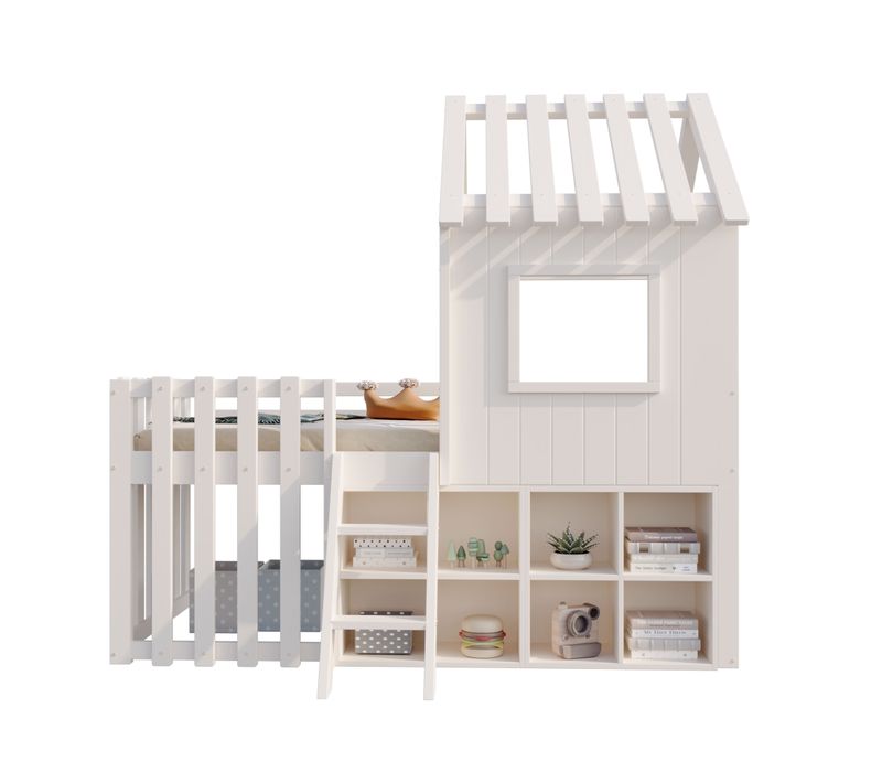 Lit Enfant Cabane 90x200 Cm Mi-haut Avec Rangements Et Bois De Pin Solide, Blanc