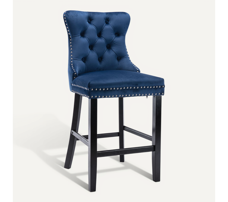 Lot De 2 Tabourets De Bar En Velours Bleu, Pieds En Bois, Clous Chromés