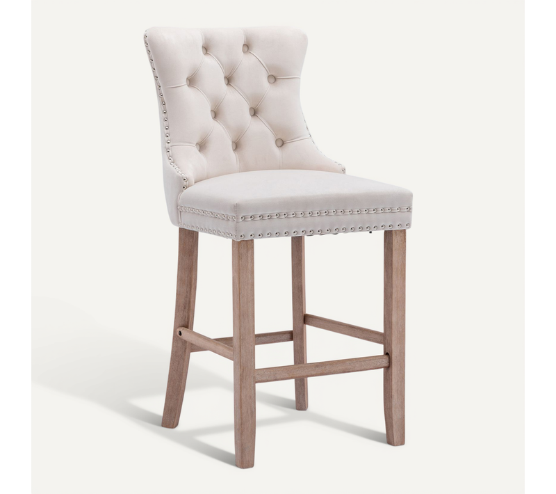 Lot De 2 Tabourets De Bar Velours Beige, Dossier Haut, Pieds En Bois Naturel