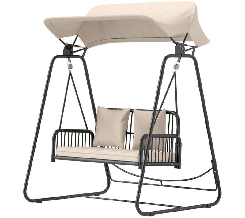 Balancelle De Jardin 2 Places Avec Toit Réglable, Coussins, Métal Et Rotin, Kaki 149x121x180 Cm