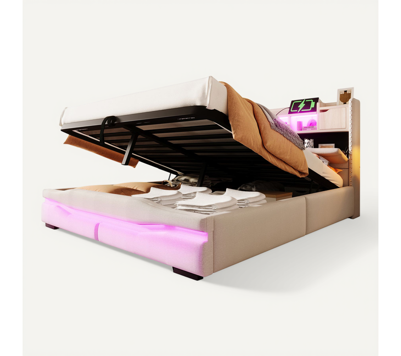 Lit Coffre 160x200 Cm En Lin Beige Avec LED, Ports USB/type-c Et Tête à Rangements
