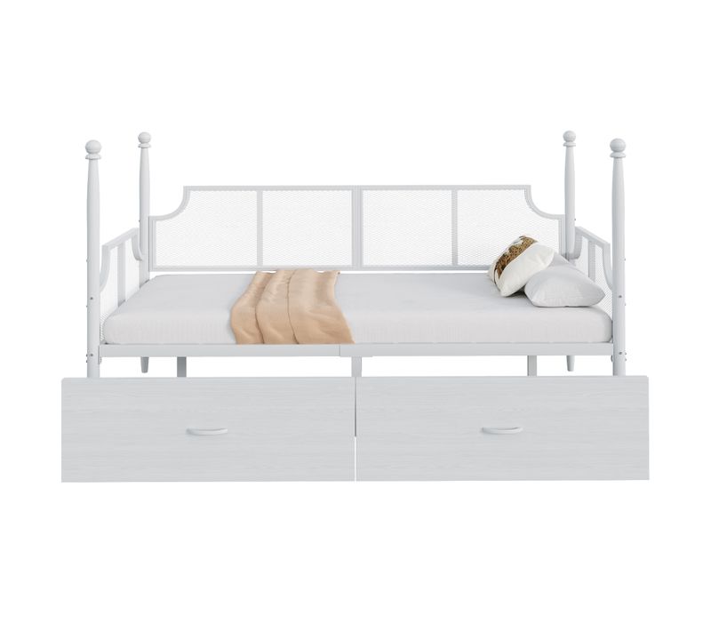 Lit Banquette En Métal 90x200 Cm Blanc Avec 2 Tiroirs De Rangement Style Vintage Et Sommier à Lattes