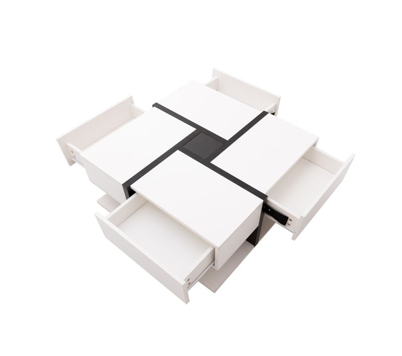 Table Basse Blanche Carrée 78x78x36 Cm Avec 4 Tiroirs, Finition Brillante