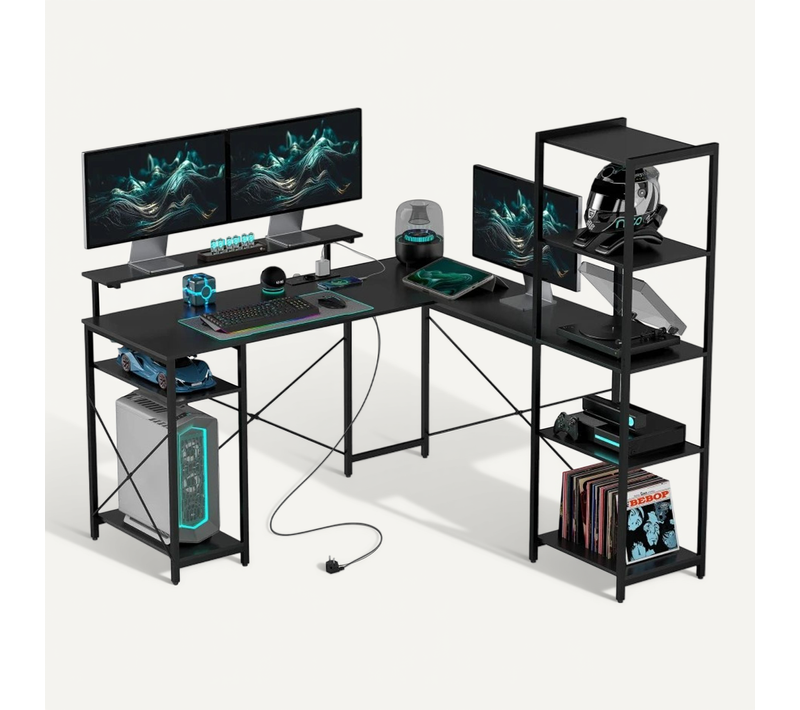Bureau D’angle En L 137x140x139,5 Cm Avec Étagères, USB, USB-c Et Prise, Métal Noir