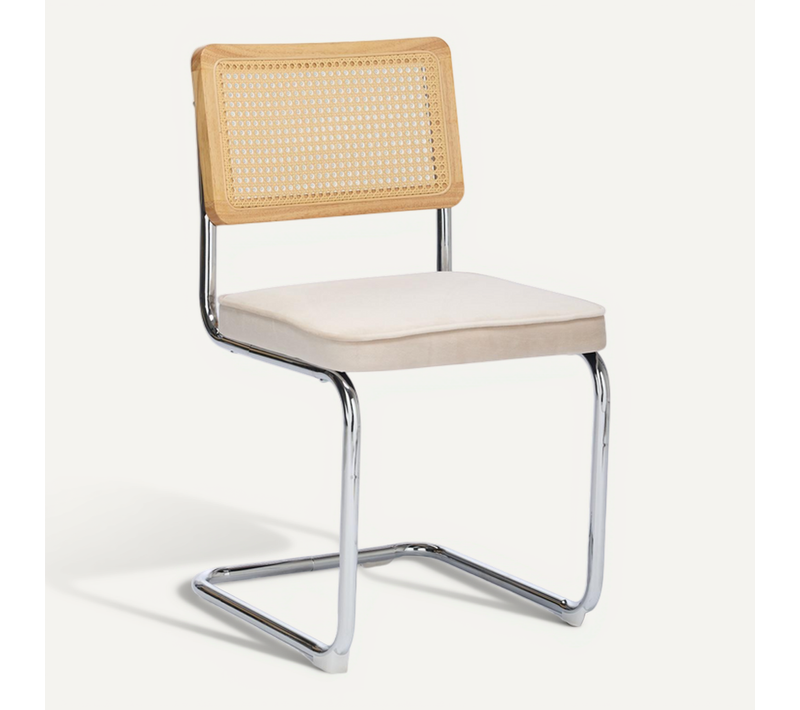 Lot De 2 Chaises Cantilever Velours Beige, Dossier Rotin Tressé, Base Métal Chromé