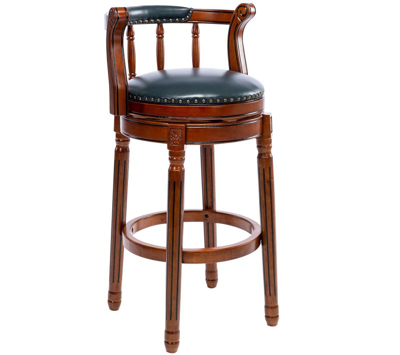 Tabouret De Bar Pivotant Hauteur D'assise 75 Cm En Cuir Vachette Bleu Cadre Bois Brun, Style Vintage