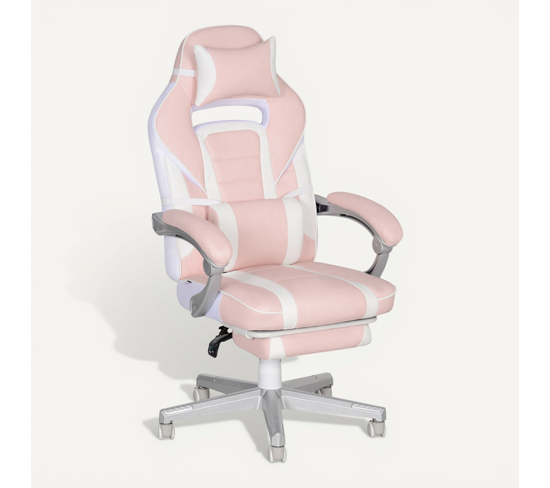 Fauteuil De Bureau Gaming Réglable Pivotante Avec Repose-pieds, Dossier Inclinable, Rose