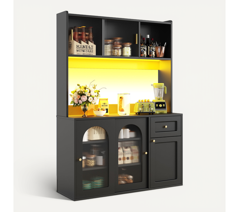 Buffet De Cuisine Noir Haut 120x35x167 Cm LED Avec Portes Vitrées, Étagères Réglables