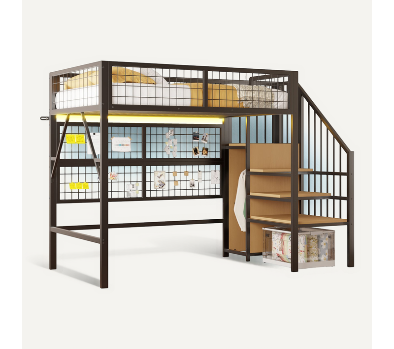 Lit Mezzanine Enfant 90x200 Cm Métal Noir Avec Rangements, LED, Étagères Et Armoire