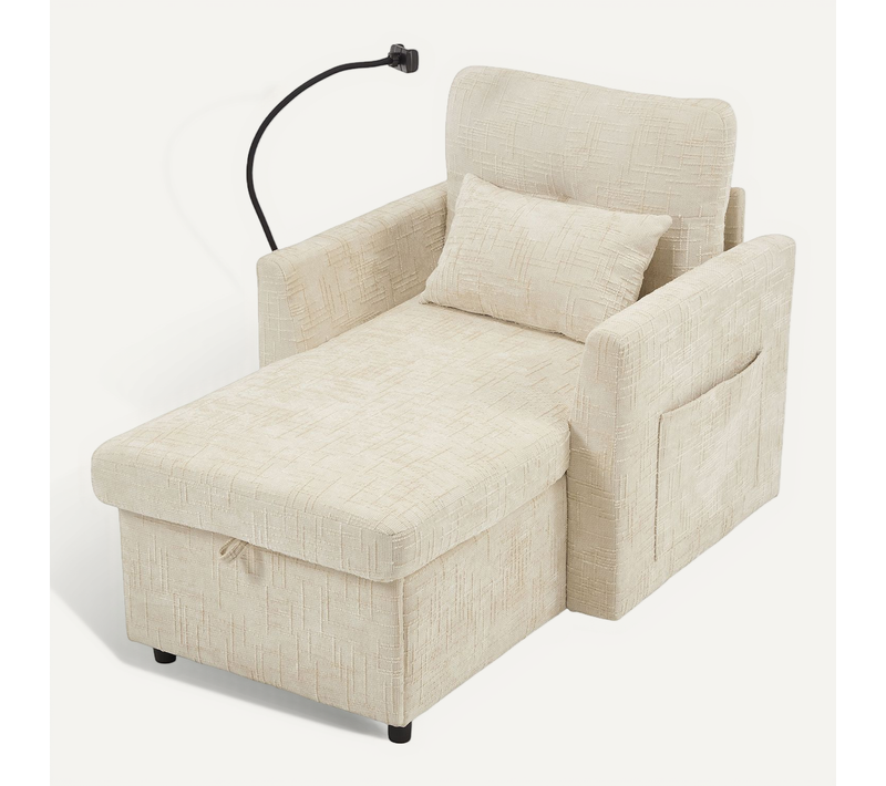 Fauteuil De Salon Beige Avec Coffre De Rangement Et Support Pour Téléphone, Tissu Chenille