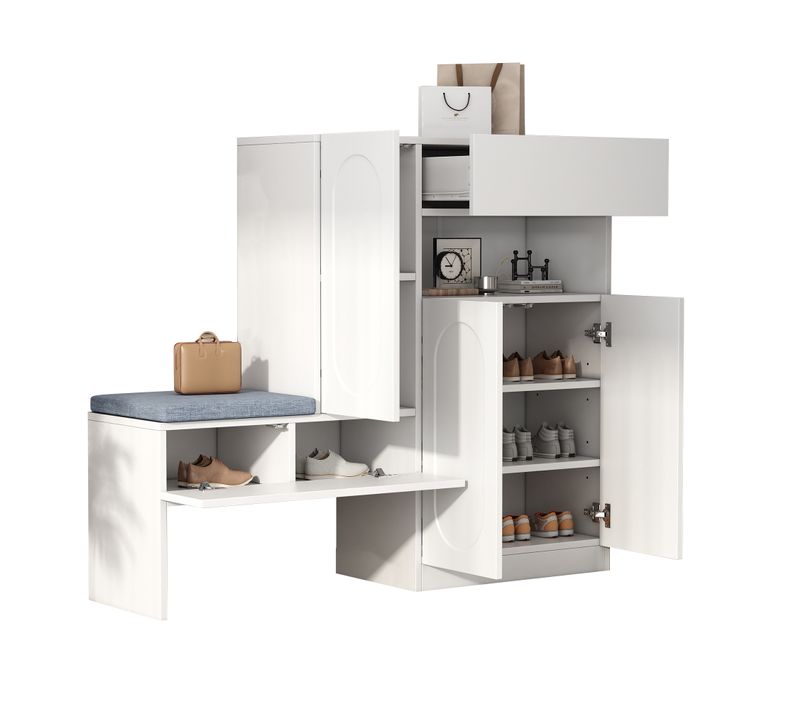 Meuble à Chaussures Blanc 130x35x110 Cm, Avec Banc, Étagère, Tiroir Et 4 Portes