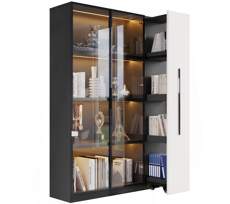 Vitrine Bibliothèque 110,5x35x160 Cm Avec LED, Porte En Verre Et Rangement Latéral, Blanc Et Noir