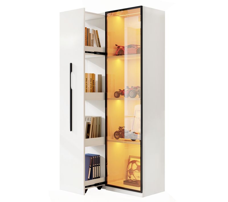 Vitrine Bibliothèque LED 70x40x160 Cm Avec Porte, Rangement Latéral Coulissant, Blanc