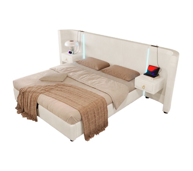 Lit Coffre 180x200 Cm En Velours LED, Ports USB, 2 Tables De Chevet, 2 Tiroirs De Rangment, Beige