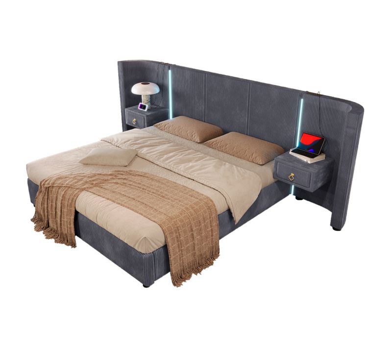 Lit Coffre 180x200 Cm Gris LED, Ports USB+type-c, Tables De Chevet, Tiroirs De Rangment, Velours