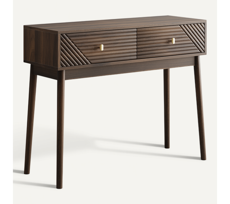 Bureau Chambre Vintage Bois Noyer, Table Console Avec 2 Tiroirs Style Mid-century