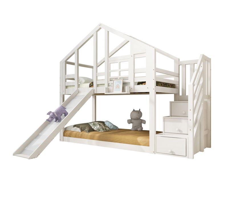Lit Superposé Enfant 90x200 Cm, Cabane Bois Blanc Avec Toboggan Et Rangements, Sommier à Lattes