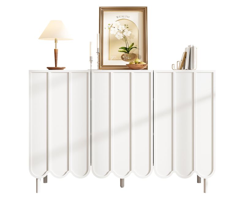 Buffet 120x35x80 Cm Blanc Avec Rangements, Portes Ondulées Sans Poignées, Pieds Réglables