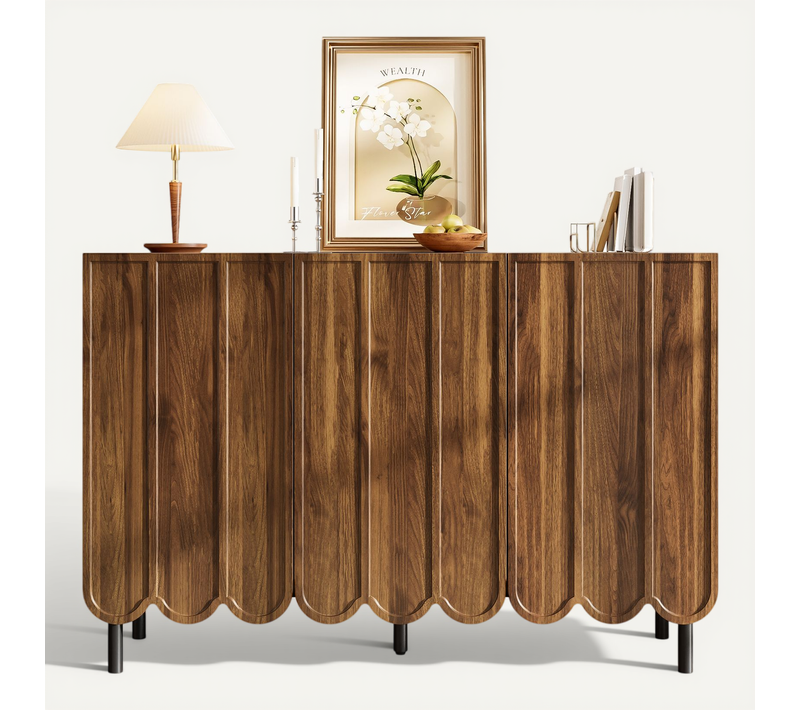 Buffet 120x35x80 Cm, Portes Ondulées, Étagères Réglables, Bois Noyer, Pieds Métal Noir