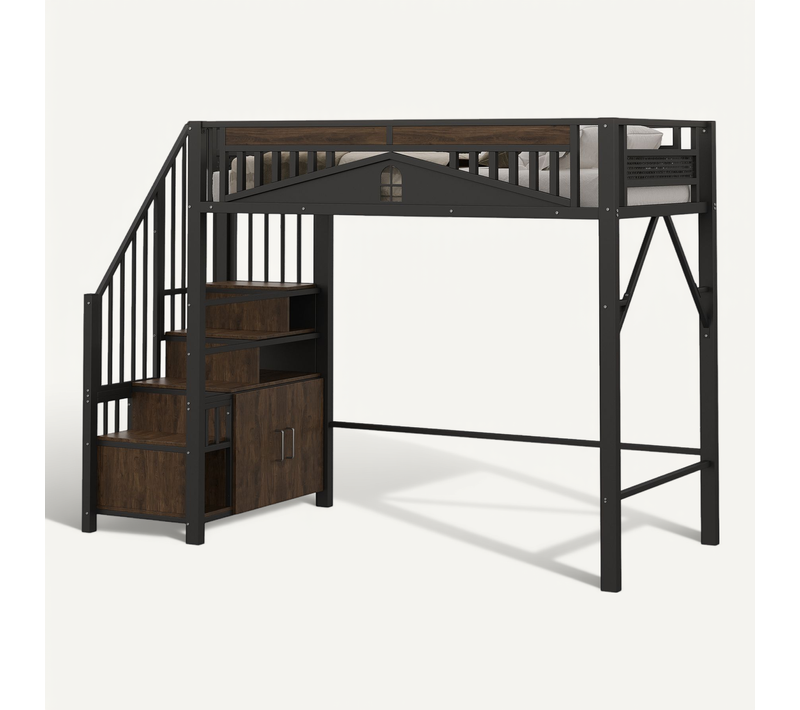 Lit Mezzanine Enfant 90x200 Cm En Métal Noir Avec Rangements