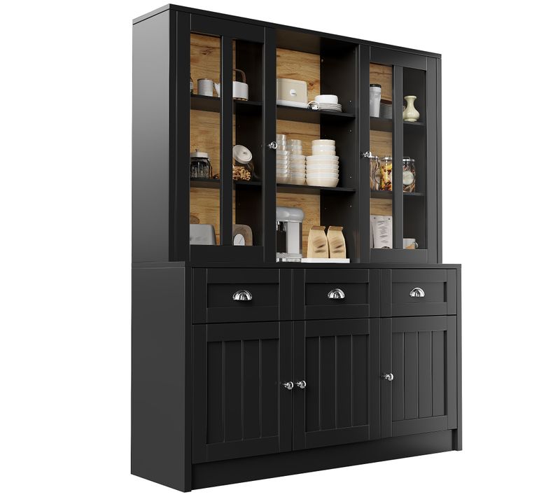 Buffet De Cuisine 140x38,5x175 Cm Noir Avec Niches Ouvertes, 3 Tiroirs Et 5 Portes