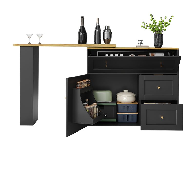 Table De Bar, Meuble Bar Pivotant Noir 138-204 Cm, Métal Noir, Avec Étagère à Snacks Et 2 Tiroirs