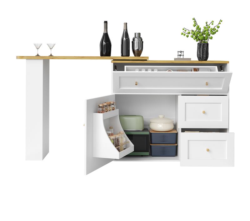 Table De Bar, Meuble Bar Pivotant Blanc 138-204 Cm, Métal Noir, Avec Étagère à Snacks Et 2 Tiroirs