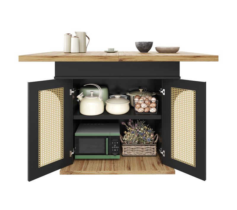 Table à Manger Extensible 110-140 Cm, Structure Métal, Avec 2 Portes En Rattan Pe, Noir/naturel