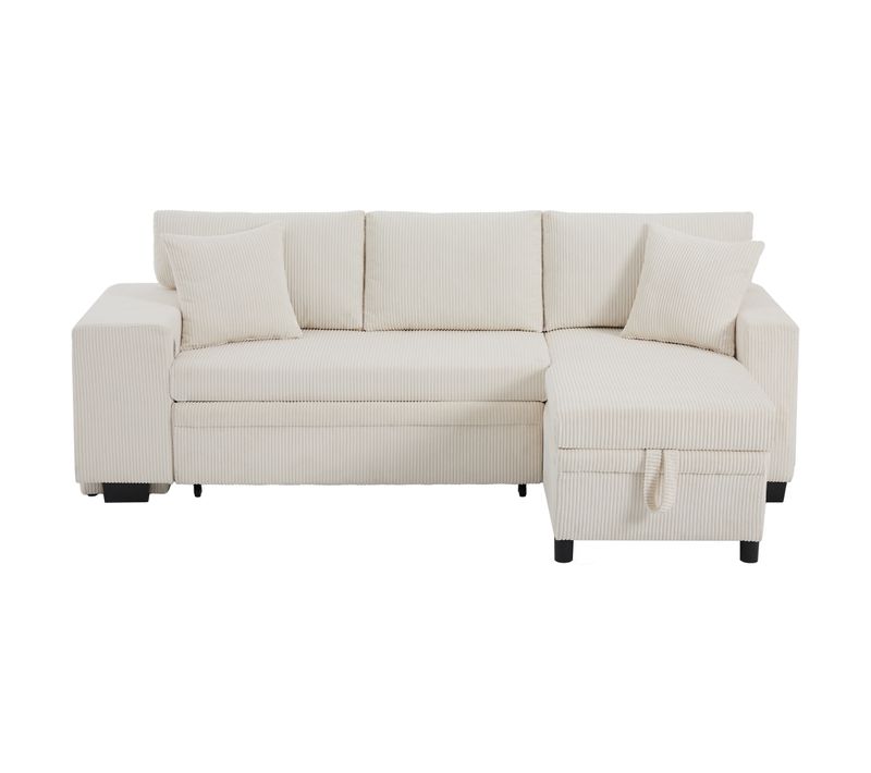 Canapé D’angle Convertible 3 Places Avec Bureau, Rangements Et Tabourets, Ports USB, Tissu Beige